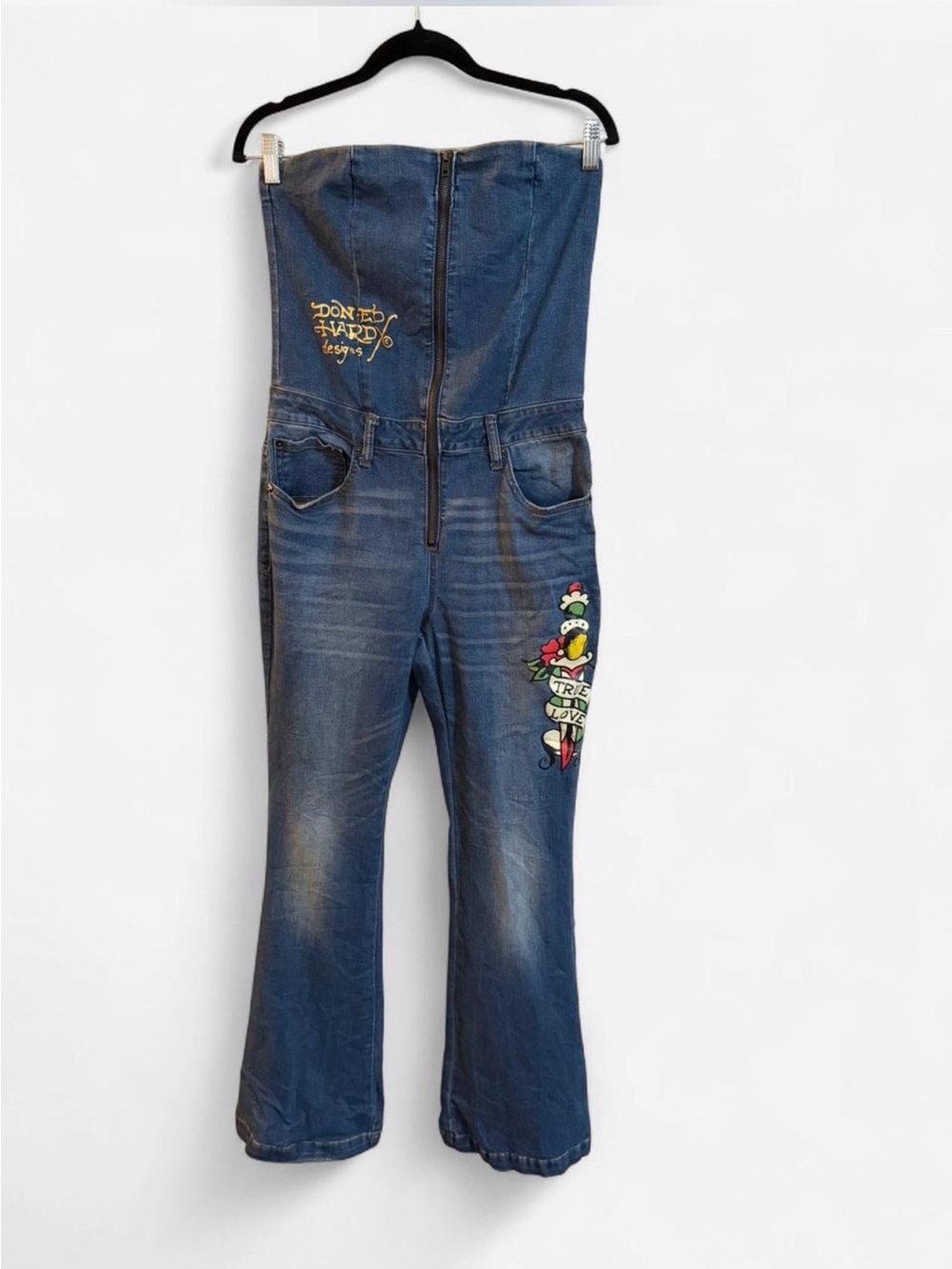 Ed Hardy Denim Strapless Overalls with Colorful Patch - Blue